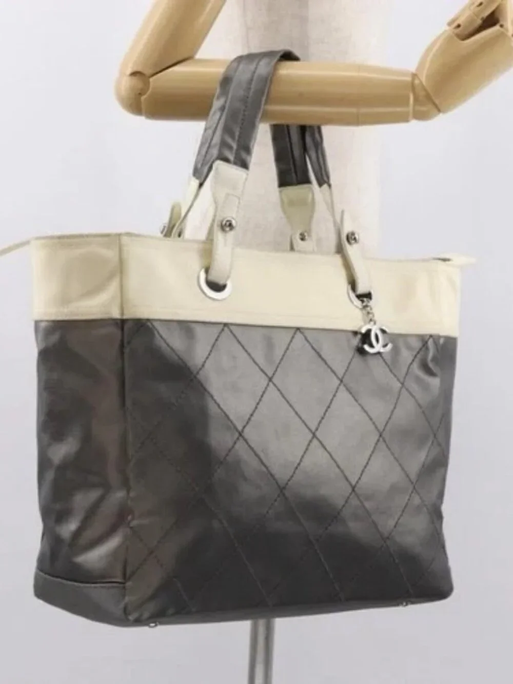 CHANEL Paris Biarritz GM Tote Bag Nylon Silver CC Auth BA10114